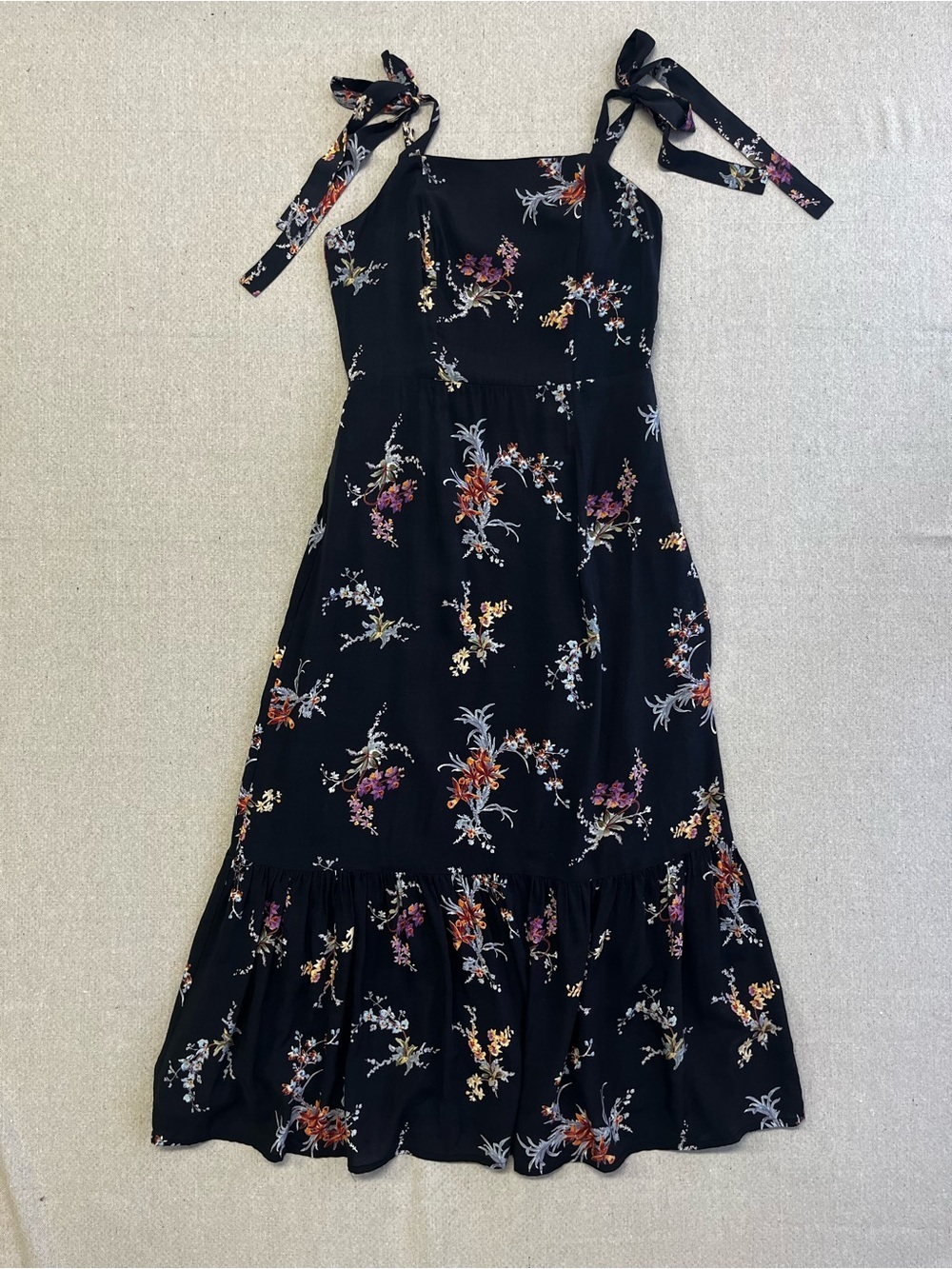 Paige Floral Midi Dress XS Tie Strap Black Side Zip Ruffle Hem